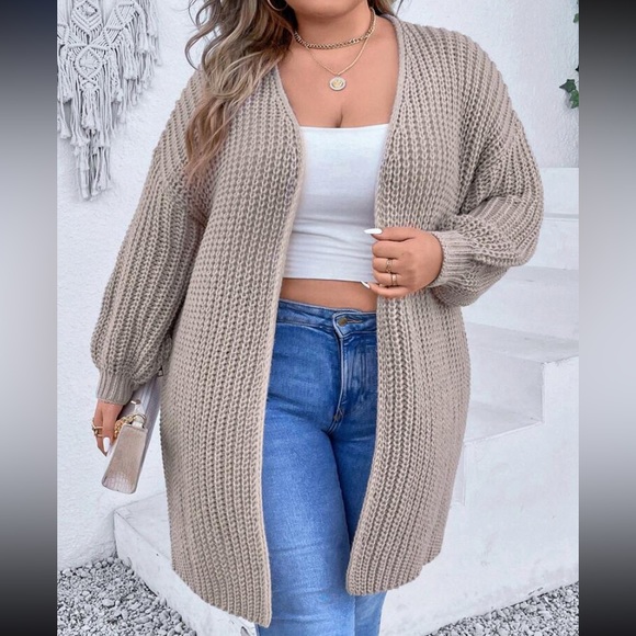 New Open Front Duster Cardigan Oversized Pointelle Drop Shoulder Khaki Knit Cozy - Picture 6 of 16